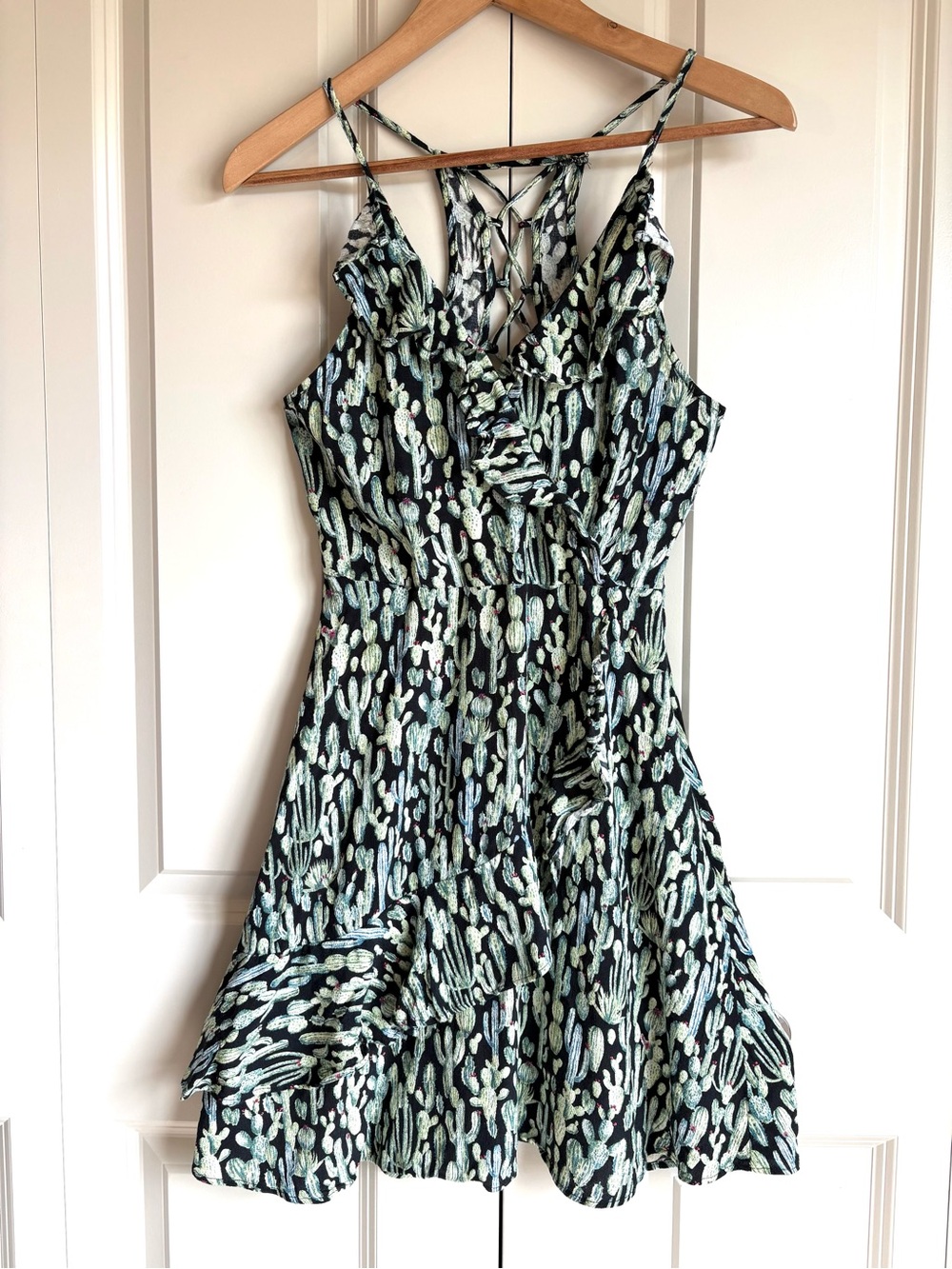 Mango All Over Cactus Print Racerback Mini Dress Ruffle Boho Southwestern size 4